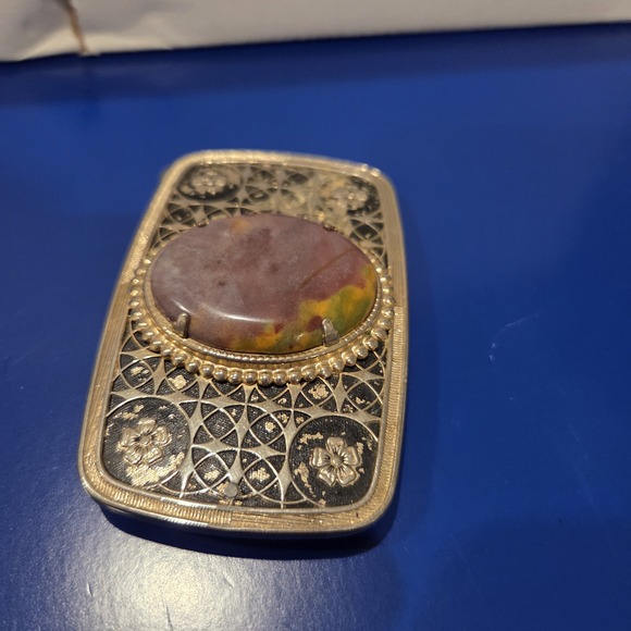 Red Coral Stone Cabochon Silver Tone Oval Belt Buckle Floral Engraved - Picture 4 of 8